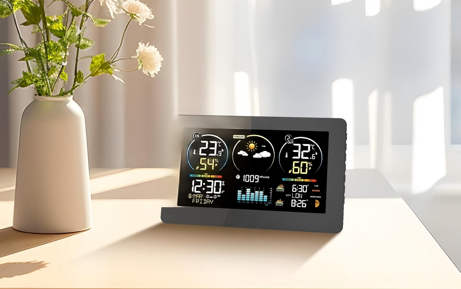 Digital weather station device with LCD screen showing temperature and humidity readings, white plastic housing with multiple sensors